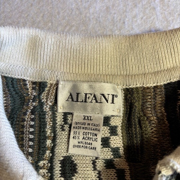 Alfani Men's Textured 3D Knit Polo Sweater 2XL Green Cream Beige Pattern - Picture 4 of 8